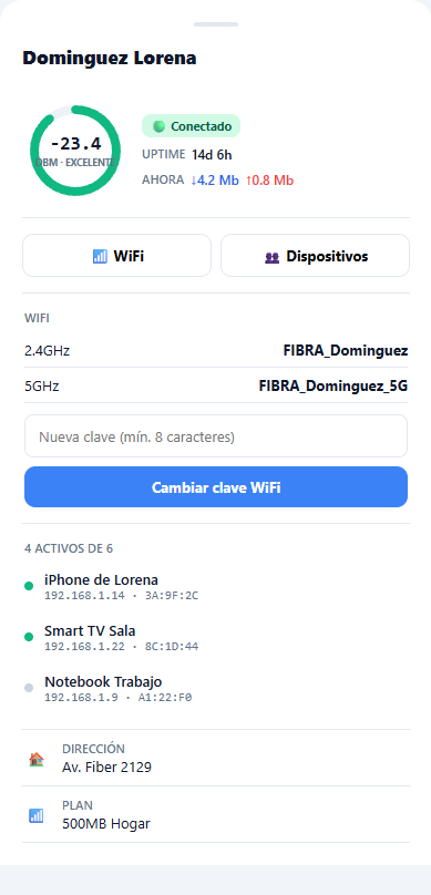 App técnico: potencia ONT, cambio de clave WiFi y dispositivos conectados del cliente